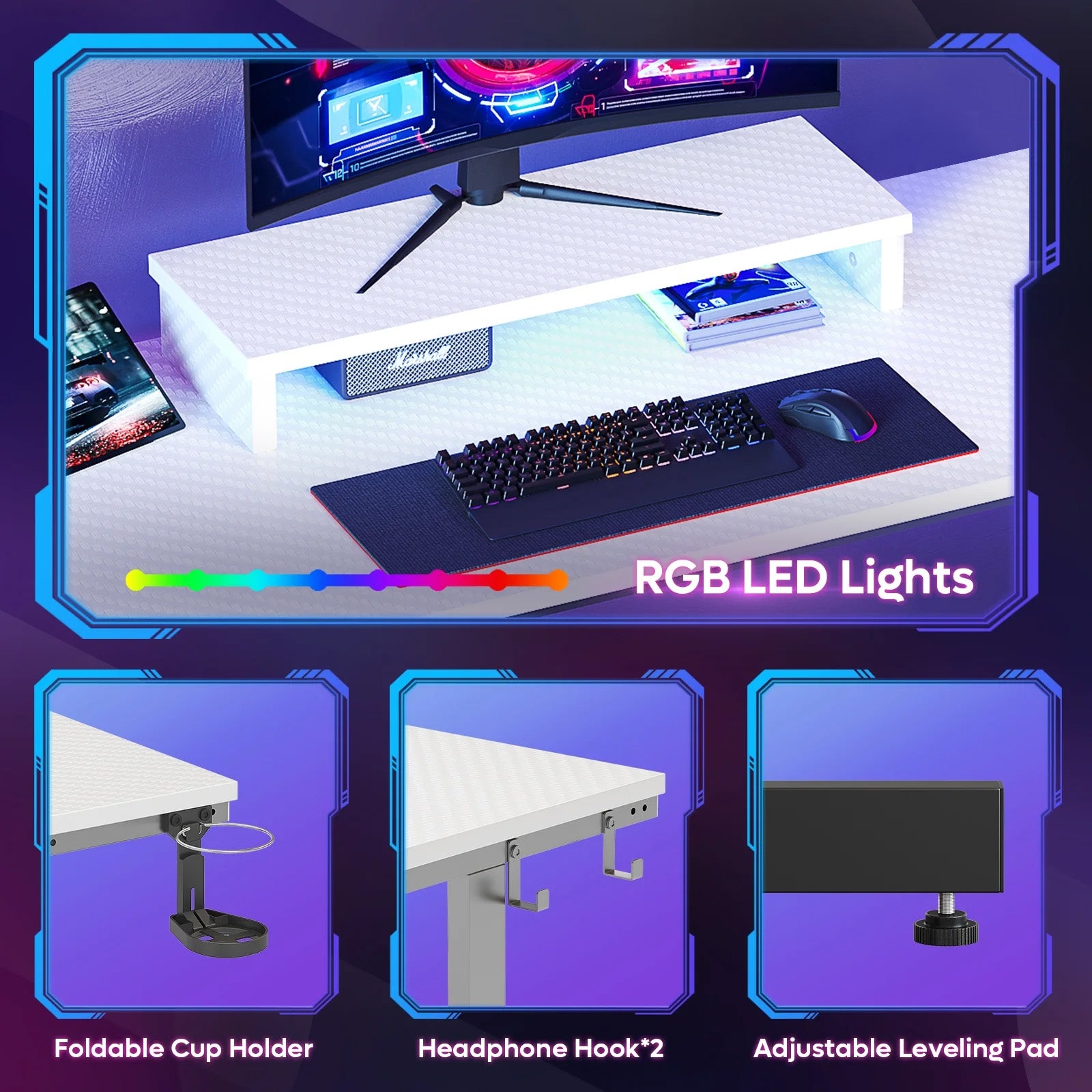 42 Inch LED Gaming Desk with Monitor Stand PC Computer Gamer Home Office Table in White