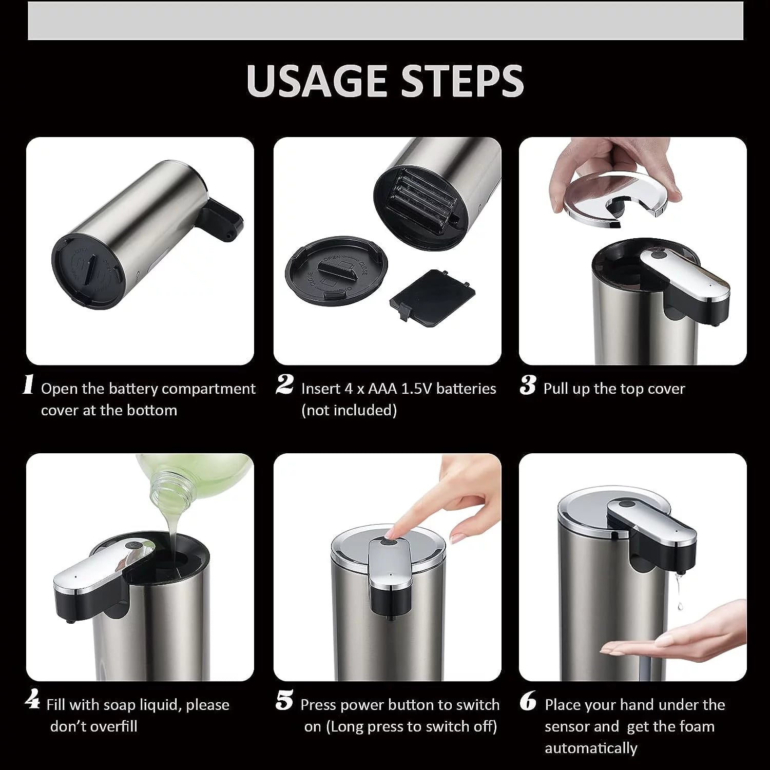 Automatic Soap Dispenser, Touchless Soap Dispenser, 3 Adjustable Volume Hand Free Soap Dispenser, Bathroom Soap Dispenser, Dish Soap Dispenser for Kitchen Bathroom, Liquid Soap Dispenser Black